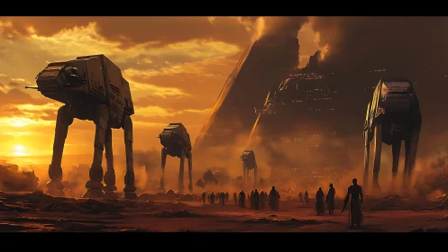 Cinematic sci-fi war march in sunset drenched desert tableau.