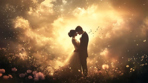 Couple's Silhouette Kissing in Golden Sunlit Meadow.