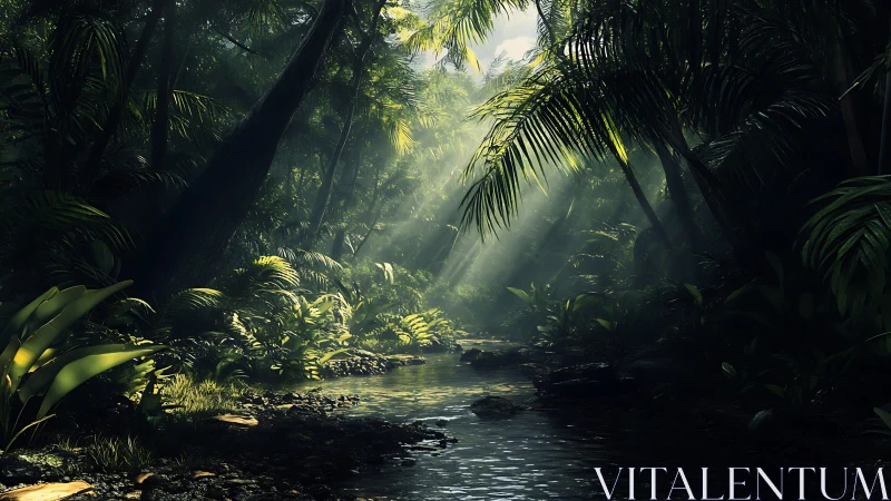 Rainforest Stream with Volumetric Light Penetrating Dense Canopy