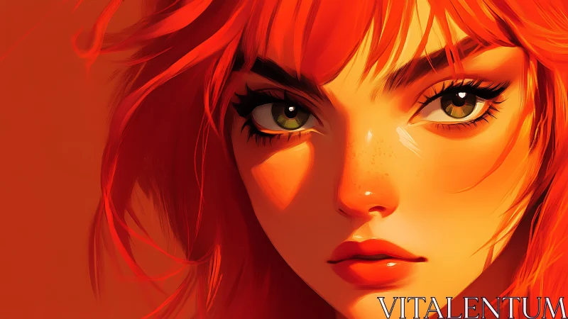 Ember-eyed redhead blazes against molten sunrise hues.