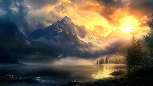 Sunlit mountain range rises above misty forest lake at dawn