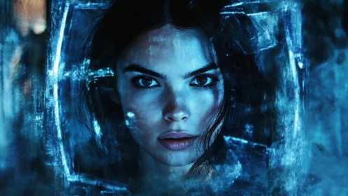 Female face framed by blue abstract digital elements.