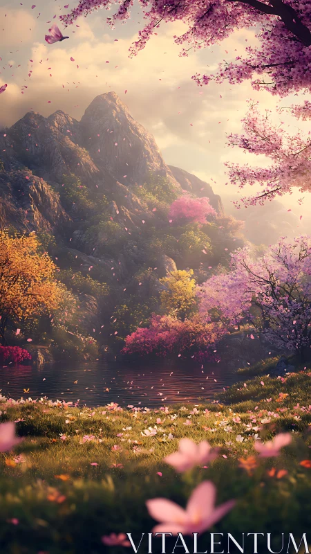 Petal storms drift softly across a hidden spring valley