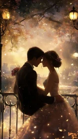 Silhouetted Couple Embracing Beneath Luminescent Urban Skyline