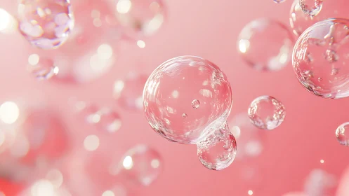 Transparent glass bubbles float across soft pink field.