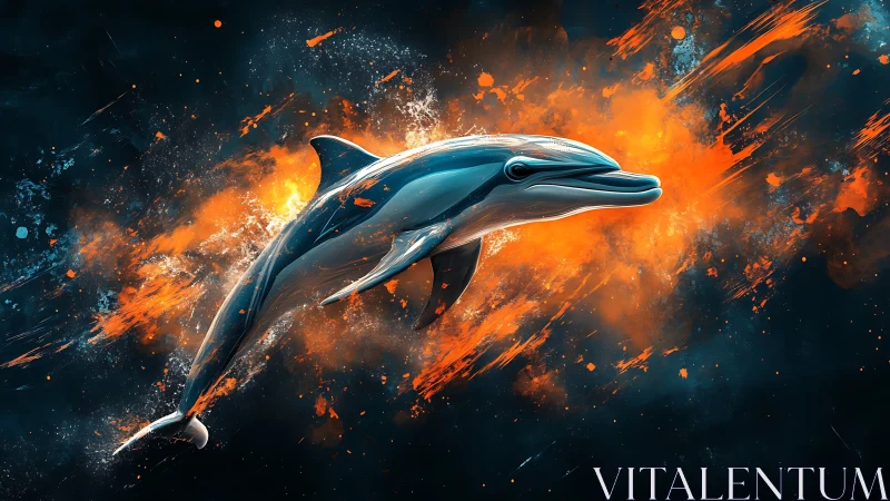 Dolphin leaping through cosmic waves of fire and water.