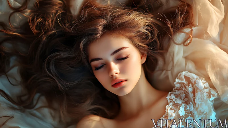 Luminous dreamer resting in a halo of flowing silk and hair.