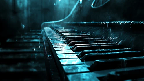 Rain-soaked piano keys glisten under cold blue light