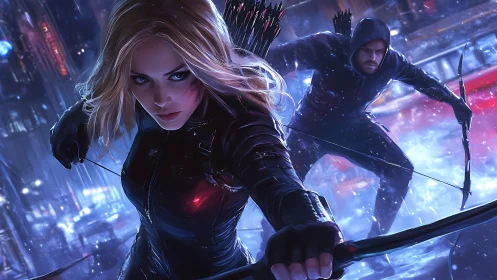 Dual archers advance through neon cityscape under dynamic rain