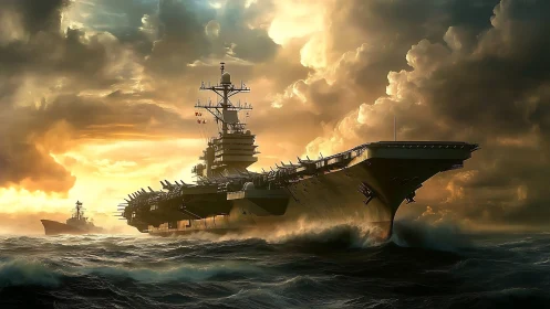 Storm-lit aircraft carrier advances through turbulent ocean swells