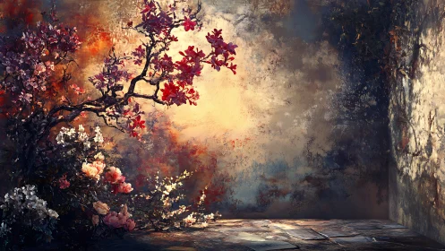 Flowering Tree in Decayed Room Glowing Light