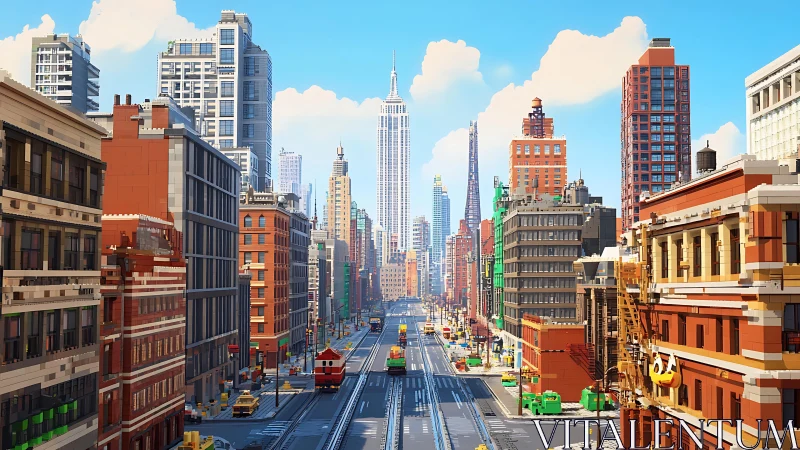 Lego style urban skyline with central avenue perspective.