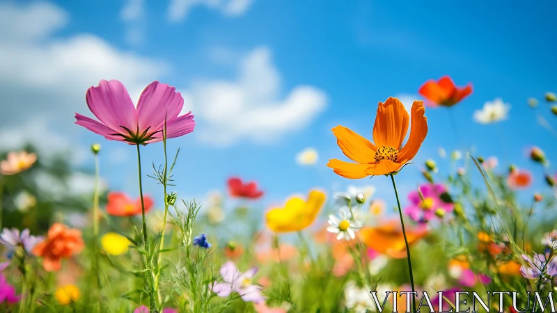 Cosmos and Orange Wildflowers Against Clear Blue Sky with White Clouds