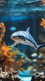 Dolphin swims in clear aquarium tank among coral formations