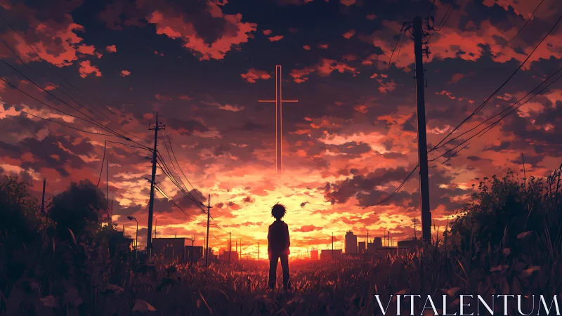 Solitary figure under blazing urban sunset sky cross