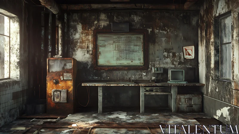 Decayed industrial control room with old computer equipment.