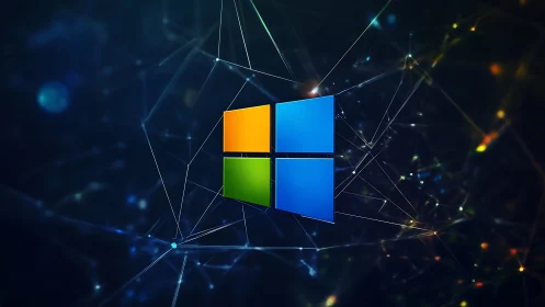 Windows logo floating within luminous digital network matrix.
