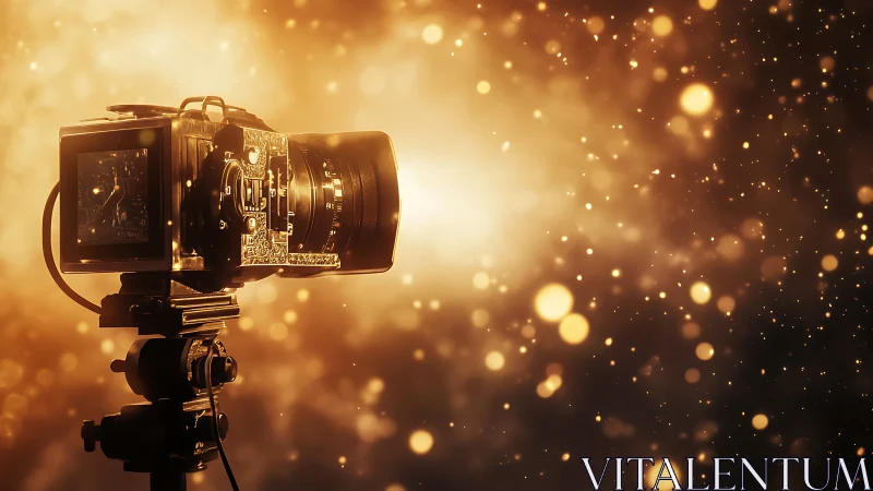 Studio camera silhouette against glowing bokeh light field.