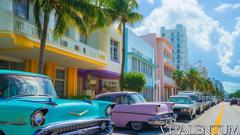 Colorful vintage cars cruising a sunny tropical avenue.