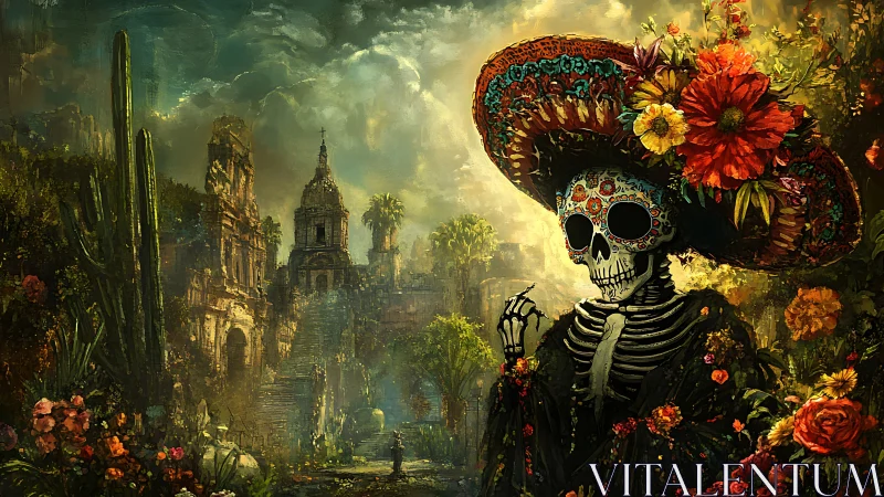 Day of the Dead skeleton stands amid lush ruined cityscape.