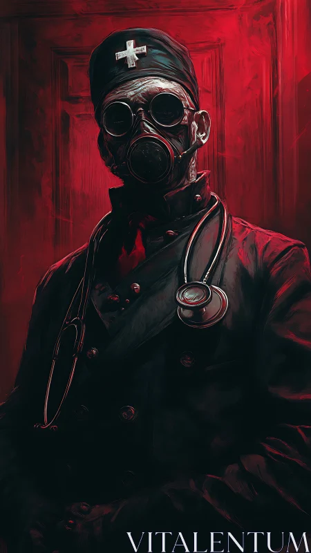 Masked plague doctor stands in ominous crimson light