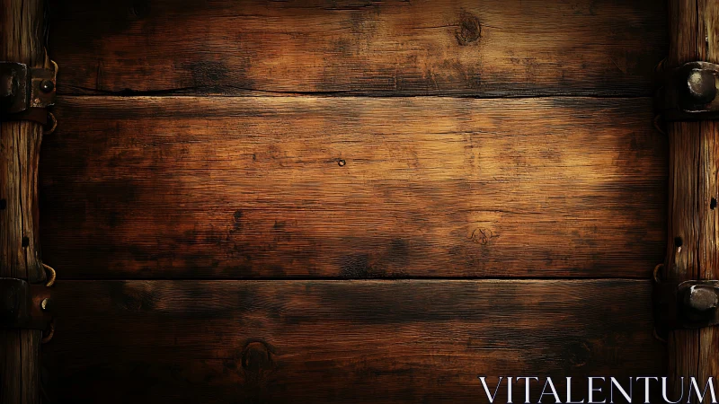 Warm rustic wooden planks with timeworn metal hinges.
