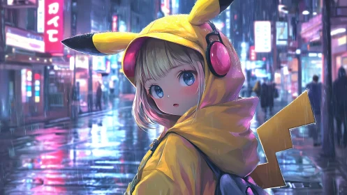 Rainy neon city cradles girl in Pikachu hoodie at night.