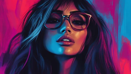 Neon-lit digital portrait of woman in glasses close-up.