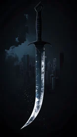 Curved silver sword silhouette over dark city skyline.