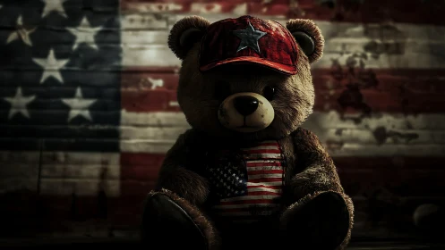 Backlit plush teddy bear with distressed USA motif before flag wall