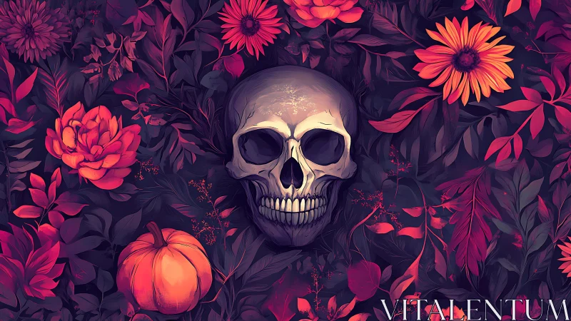 Digital floral memento mori with central skull composition.