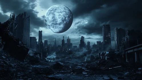 Ruined city skyline under oversized full moon at night.