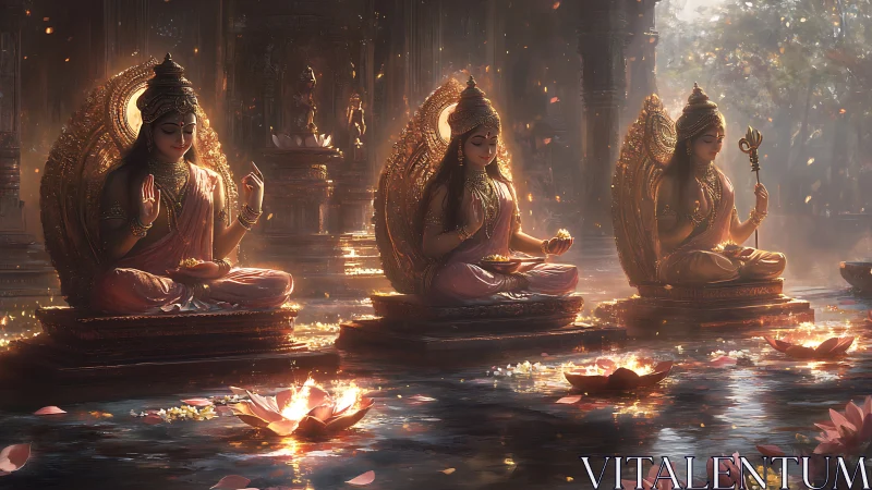 Radiant goddesses meditate above lotus-lit sacred waters