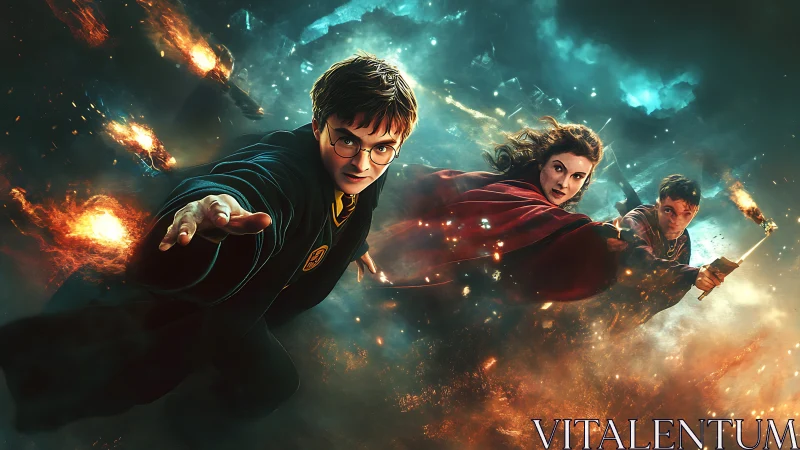 Stormlit young wizards soar through a blazing sky of spells.