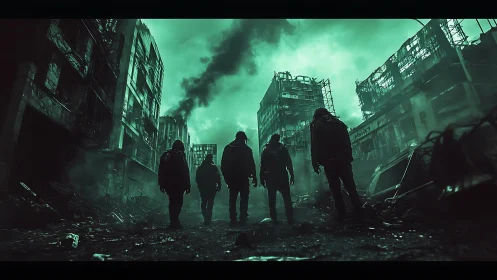 Hooded survivors traverse toxic green-lit urban ruins at dusk