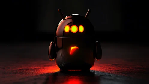 Glossy black robot toy with glowing red face lights.