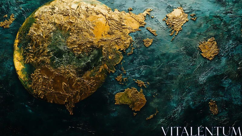 Textured gold world map relief contrasts with deep teal field