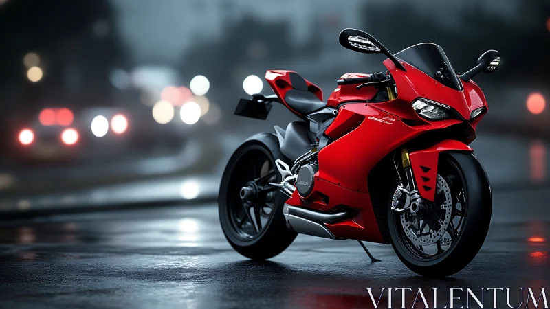 Scarlet superbike poised on wet city street at night.