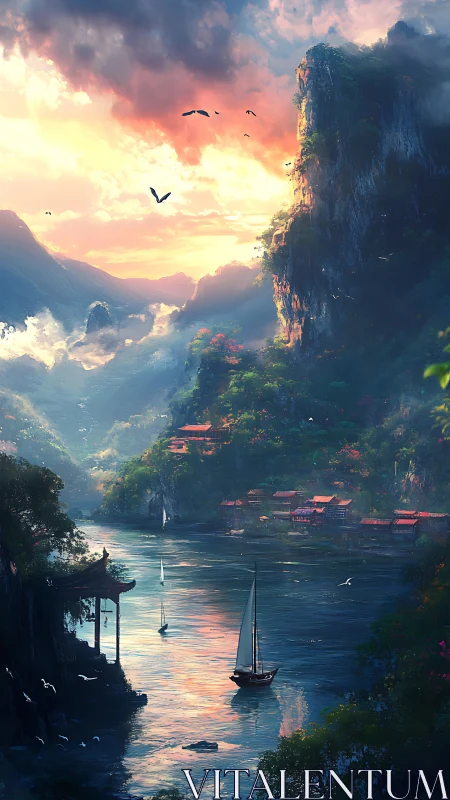 Sunlit mountain river valley rendered as cinematic digital painting
