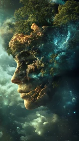 Stone face in cosmic sky merging with trees and clouds.