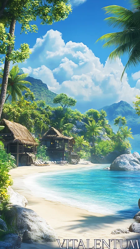 Tropical beach sanctuary with thatched bungalow and mountain backdrop.