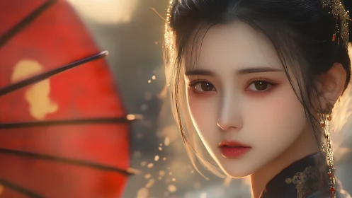 Digital portrait of Asian woman with red parasol backlit bokeh