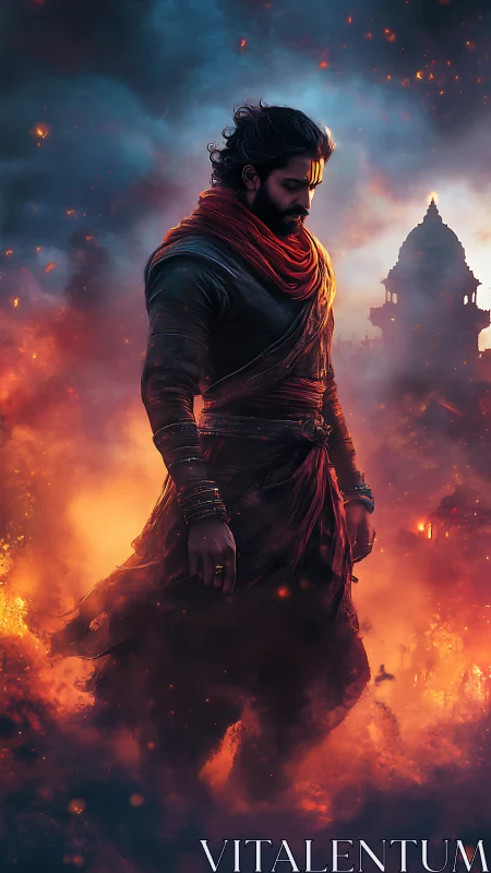 Warrior in burning mist with temple silhouette behind him.