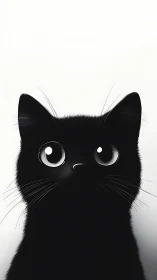 Black cat head rendered with linear hatching technique and illuminated eyes.