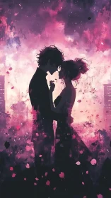 Silhouetted lovers beneath luminous violet city sky.