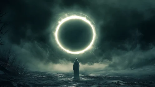Lone robed figure confronts glowing celestial ring portal.