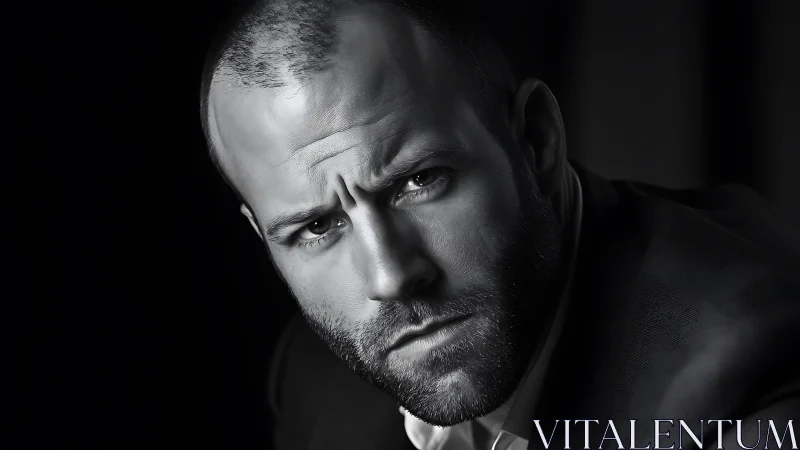 Brooding monochrome portrait etched in sculpted shadow lines.