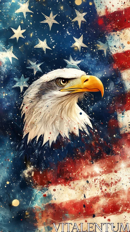 Bold eagle portrait rises over expressive American flag art
