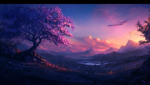 Twilight mountain valley with blooming tree under saturated spectral sky
