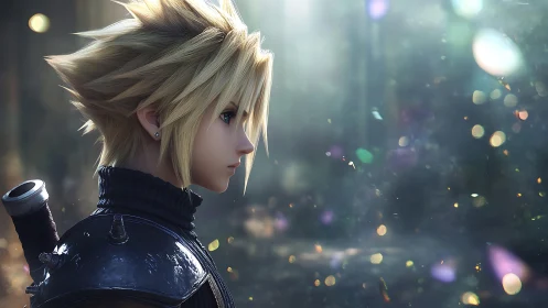 Profile portrait of spiky-haired warrior in volumetric bokeh field